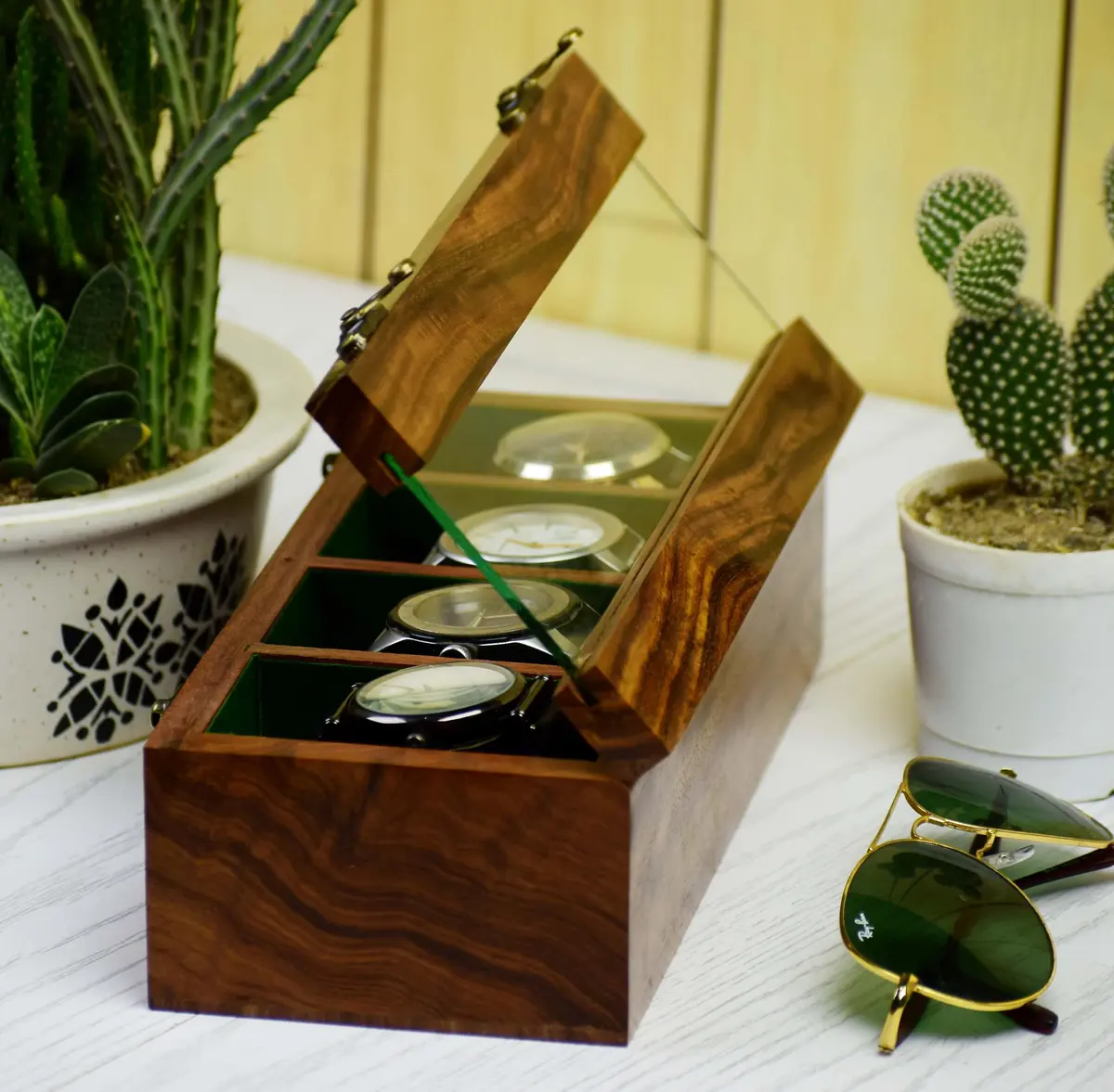 Royal Craft Expertise 4 Slot Wooden Watch Box Organizer | Vintage Brown, Rosewood Lined, Glass Top - main product image
