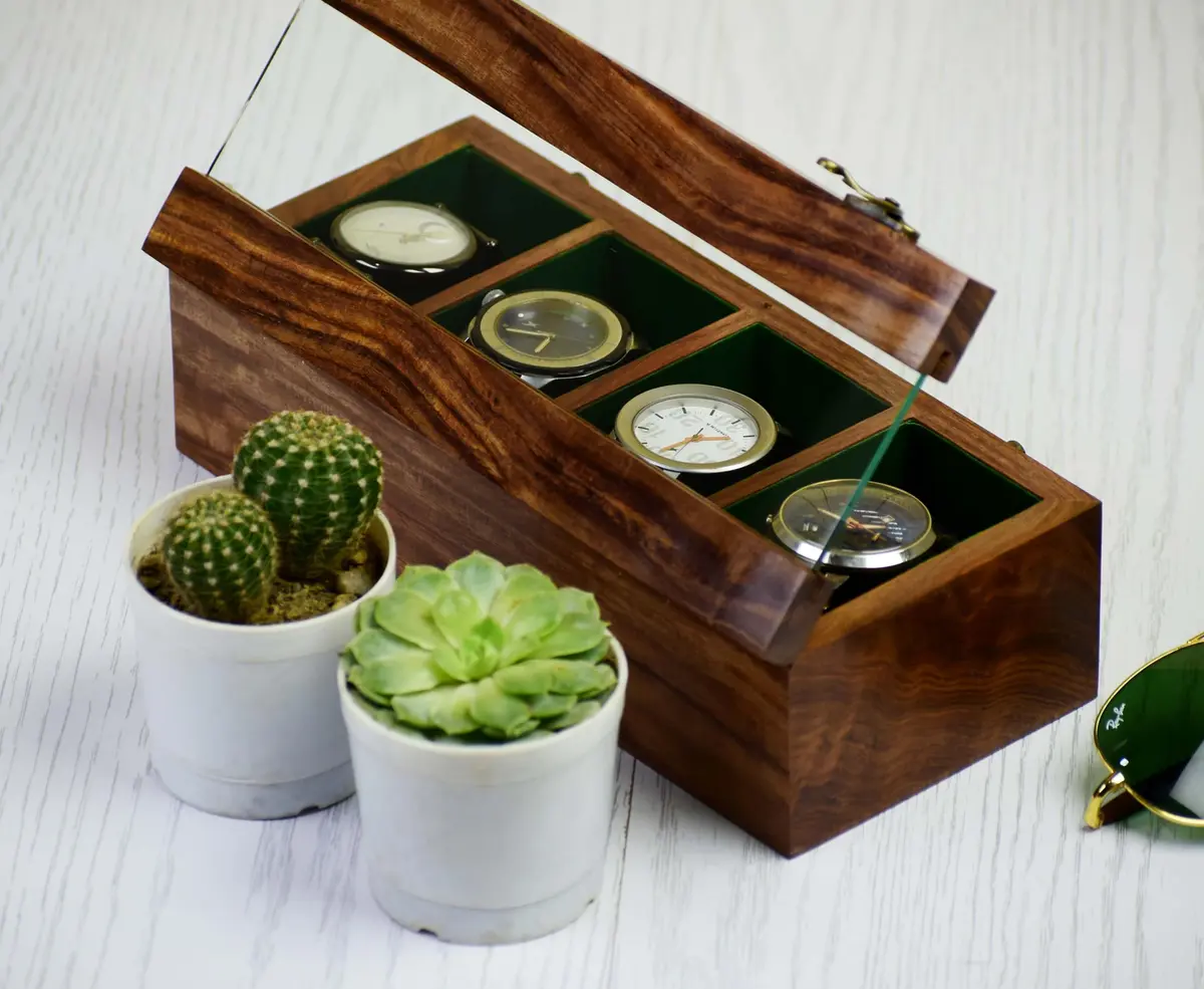 Royal Craft Expertise 4 Slot Wooden Watch Box Organizer | Vintage Brown, Rosewood Lined, Glass Top - view 5