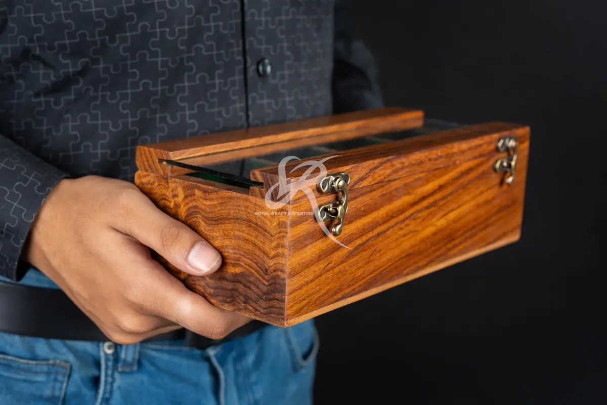Royal Craft Expertise 4 Slot Wooden Watch Box Organizer | Vintage Brown, Rosewood Lined, Glass Top - view 6