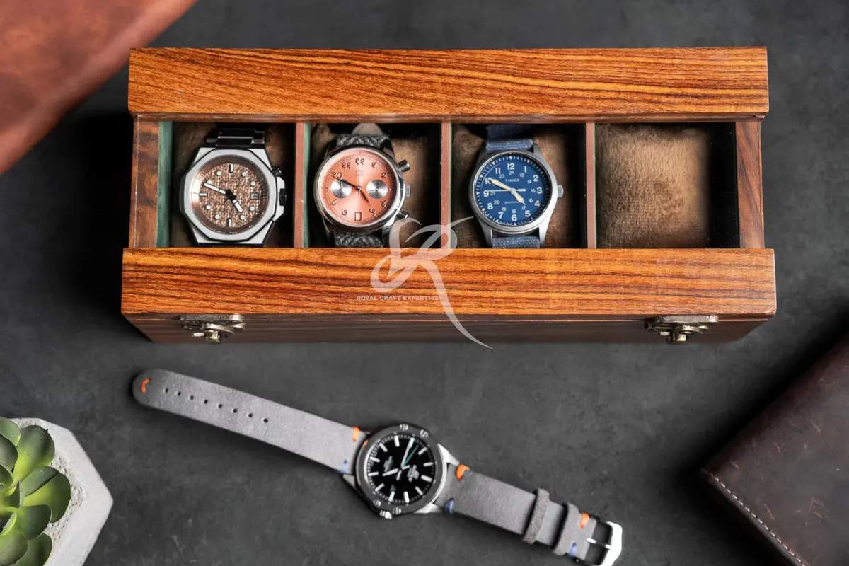 Royal Craft Expertise 4 Slot Wooden Watch Box Organizer | Vintage Brown, Rosewood Lined, Glass Top - view 7