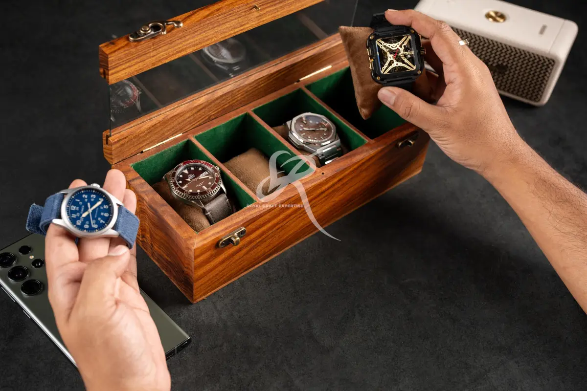 Royal Craft Expertise 4 Slot Wooden Watch Box Organizer | Vintage Brown, Rosewood Lined, Glass Top - view 8