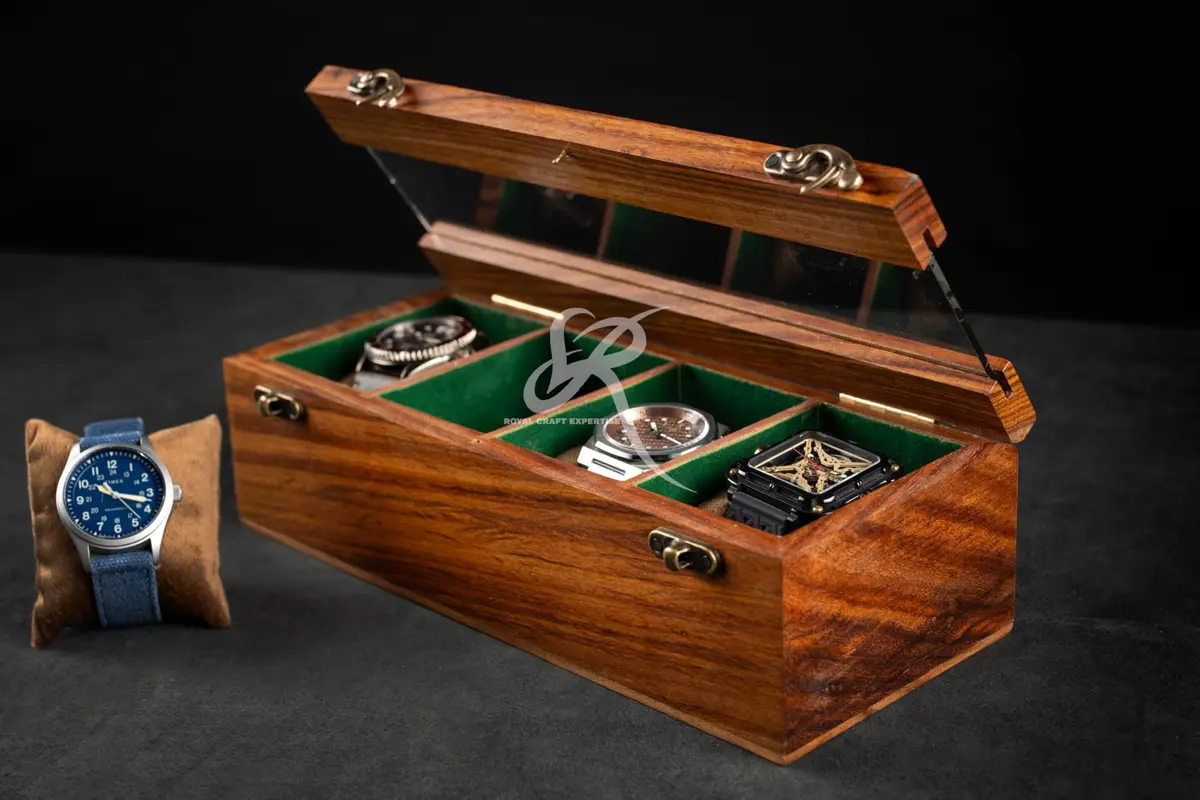 Royal Craft Expertise 4 Slot Wooden Watch Box Organizer | Vintage Brown, Rosewood Lined, Glass Top - view 9