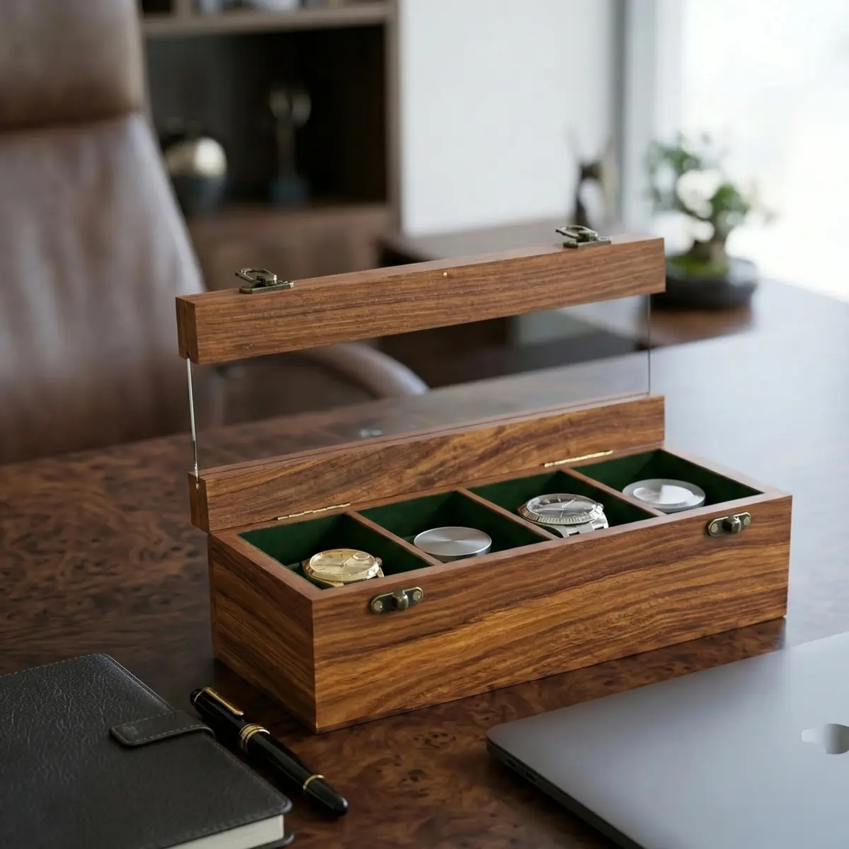 Royal Craft Expertise 4 Slot Wooden Watch Box Organizer | Vintage Brown, Rosewood Lined, Glass Top - view 4