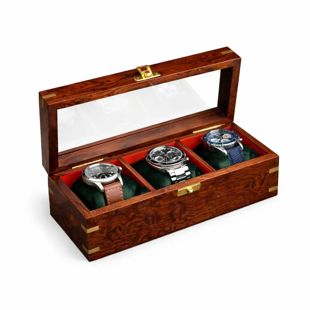Royal Craft Expertise 3 Slot Handmade Wooden Watch Box | Indian Rosewood Timepiece Organizer with Glass Lid, Soft Velvet Cushions - main product image
