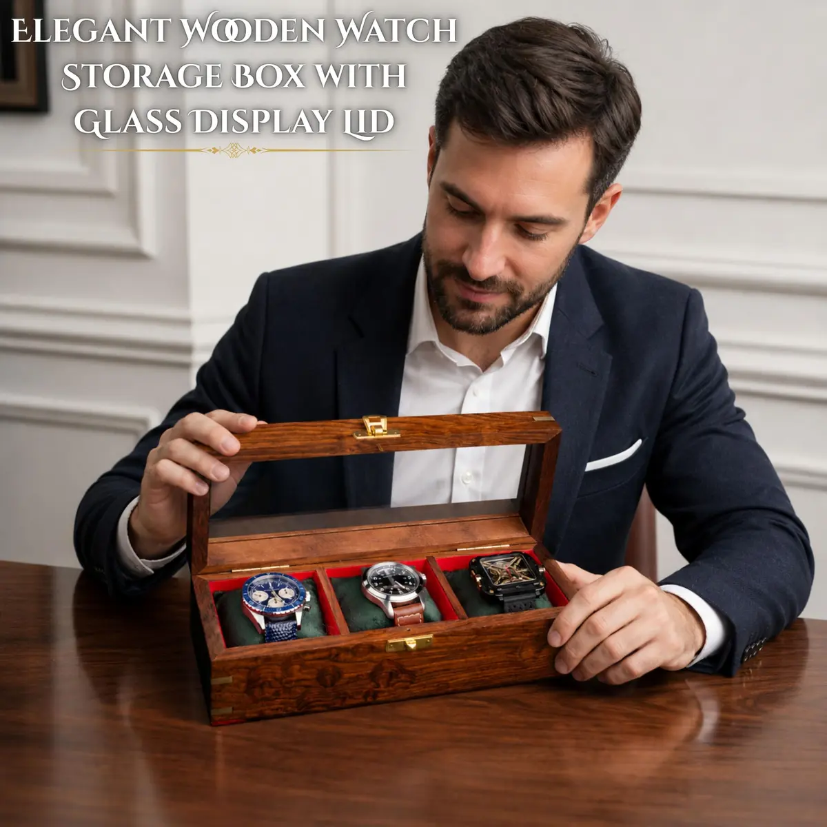 Royal Craft Expertise 3 Slot Handmade Wooden Watch Box | Indian Rosewood Timepiece Organizer with Glass Lid, Soft Velvet Cushions - view 5