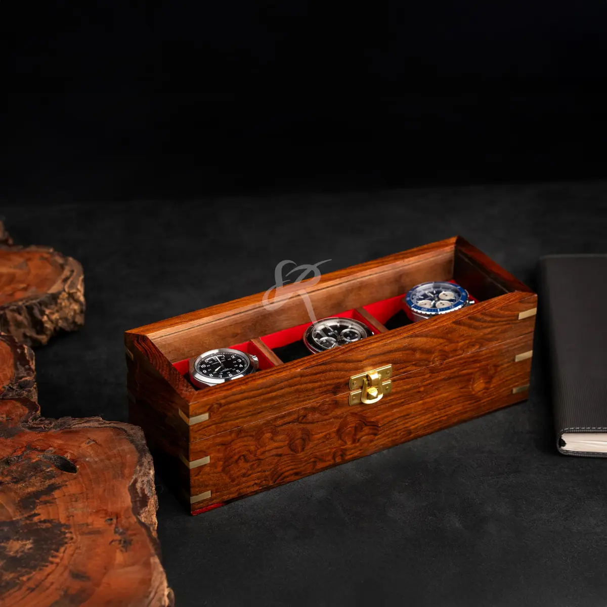 Royal Craft Expertise 3 Slot Handmade Wooden Watch Box | Indian Rosewood Timepiece Organizer with Glass Lid, Soft Velvet Cushions - view 6