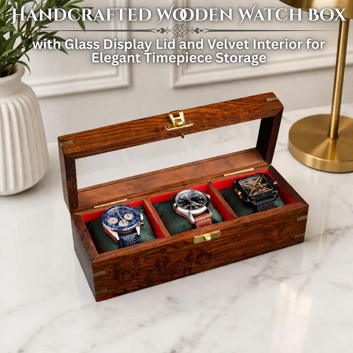 Royal Craft Expertise 3 Slot Handmade Wooden Watch Box | Indian Rosewood Timepiece Organizer with Glass Lid, Soft Velvet Cushions - view 7
