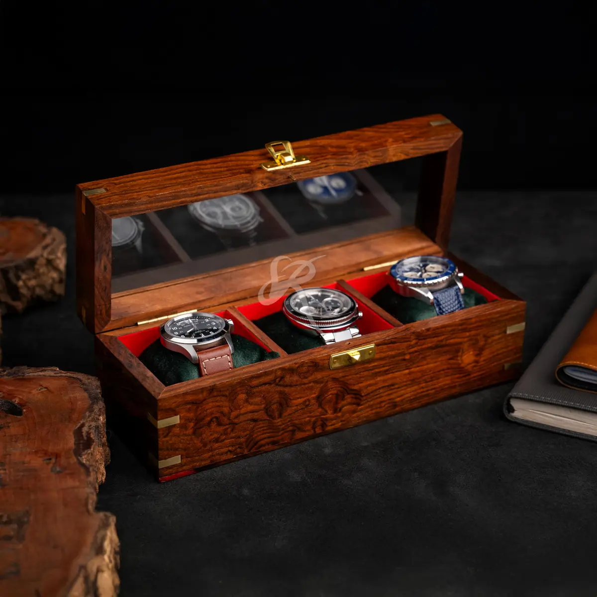Royal Craft Expertise 3 Slot Handmade Wooden Watch Box | Indian Rosewood Timepiece Organizer with Glass Lid, Soft Velvet Cushions - view 8