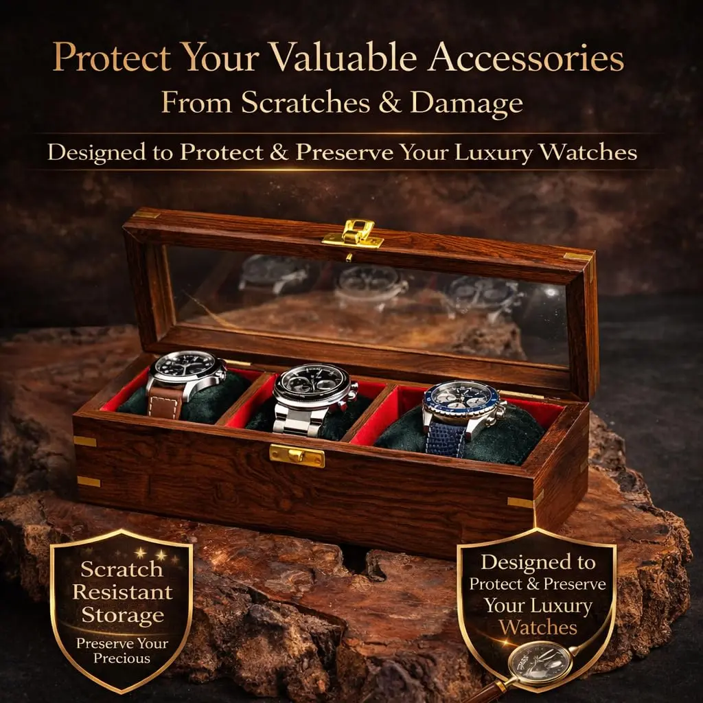 Royal Craft Expertise 3 Slot Handmade Wooden Watch Box | Indian Rosewood Timepiece Organizer with Glass Lid, Soft Velvet Cushions - view 2