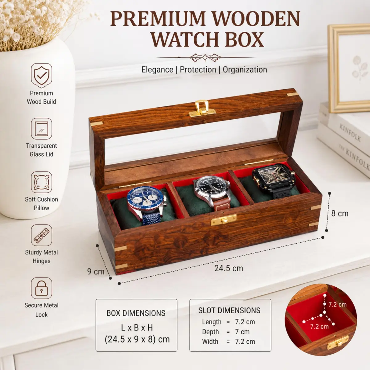 Royal Craft Expertise 3 Slot Handmade Wooden Watch Box | Indian Rosewood Timepiece Organizer with Glass Lid, Soft Velvet Cushions - view 3