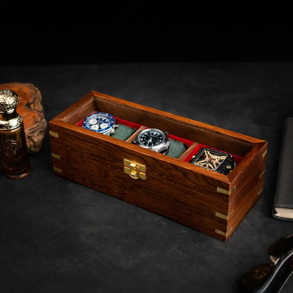 Royal Craft Expertise 3 Slot Handmade Wooden Watch Box | Indian Rosewood Timepiece Organizer with Glass Lid, Soft Velvet Cushions - view 4
