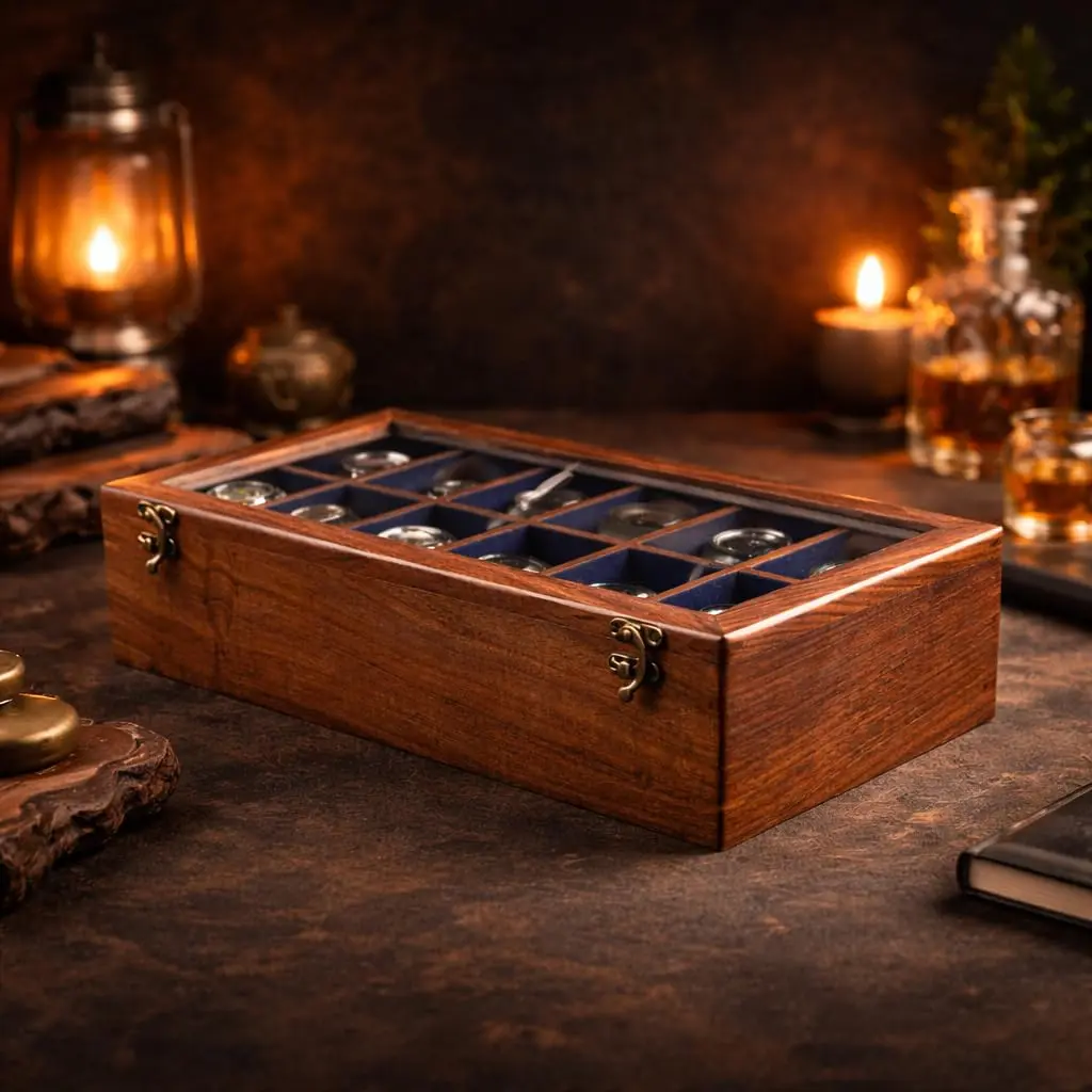 Royal Craft Expertise 12 Slot Handmade Wooden Watch Box with Glass Lid & Velvet Cushions | Indian Rosewood Timepiece Display Case for Men & Women - main product image