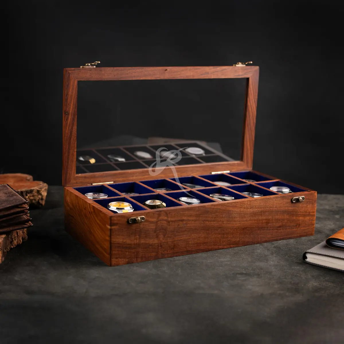 Royal Craft Expertise 12 Slot Handmade Wooden Watch Box with Glass Lid & Velvet Cushions | Indian Rosewood Timepiece Display Case for Men & Women - view 6