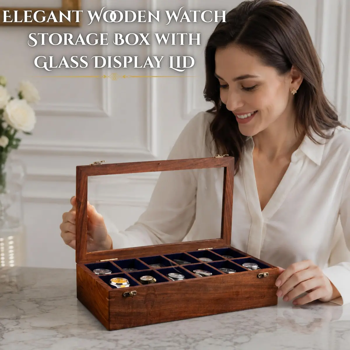 Royal Craft Expertise 12 Slot Handmade Wooden Watch Box with Glass Lid & Velvet Cushions | Indian Rosewood Timepiece Display Case for Men & Women - view 7