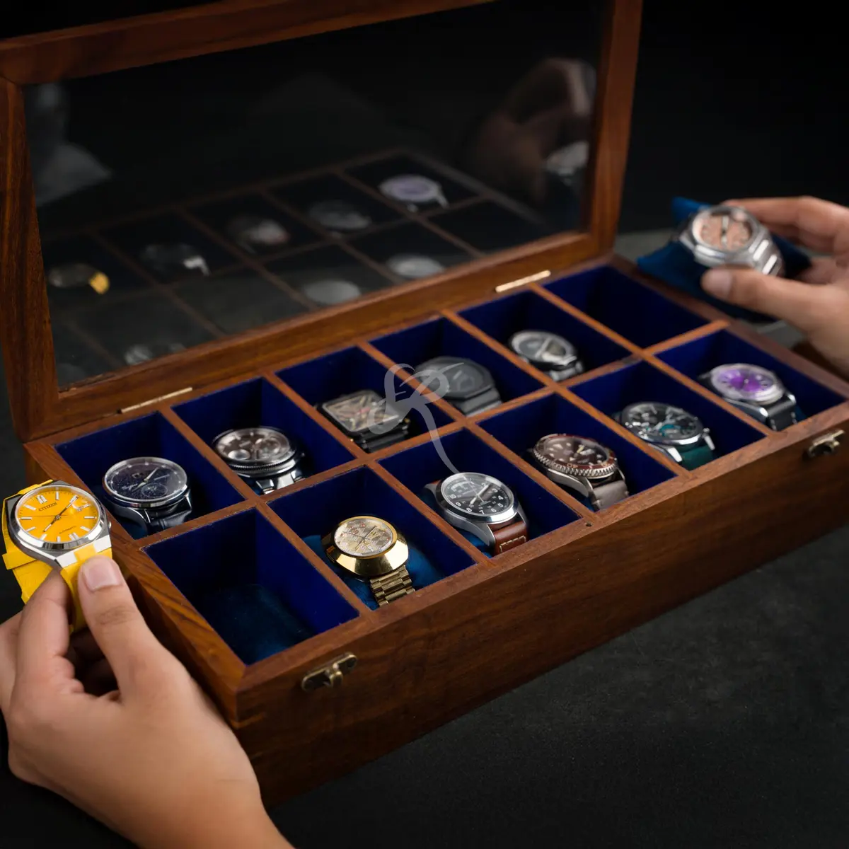 Royal Craft Expertise 12 Slot Handmade Wooden Watch Box with Glass Lid & Velvet Cushions | Indian Rosewood Timepiece Display Case for Men & Women - view 8