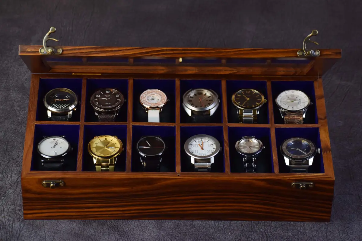Royal Craft Expertise 12 Slot Handmade Wooden Watch Box with Glass Lid & Velvet Cushions | Indian Rosewood Timepiece Display Case for Men & Women - view 9