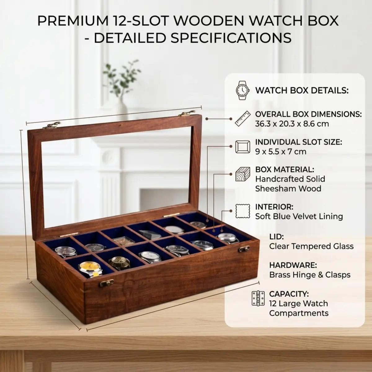 Royal Craft Expertise 12 Slot Handmade Wooden Watch Box with Glass Lid & Velvet Cushions | Indian Rosewood Timepiece Display Case for Men & Women - view 2