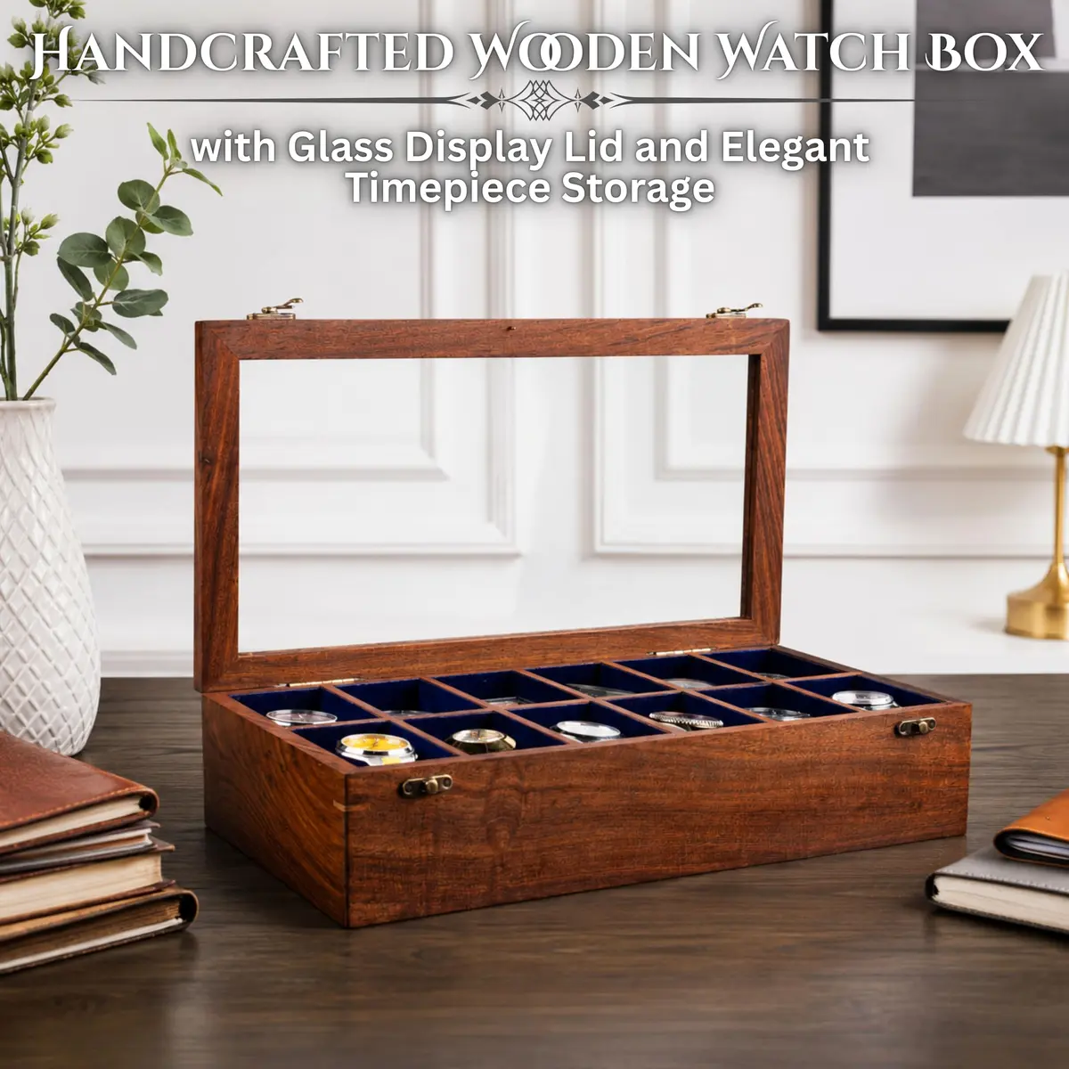 Royal Craft Expertise 12 Slot Handmade Wooden Watch Box with Glass Lid & Velvet Cushions | Indian Rosewood Timepiece Display Case for Men & Women - view 4