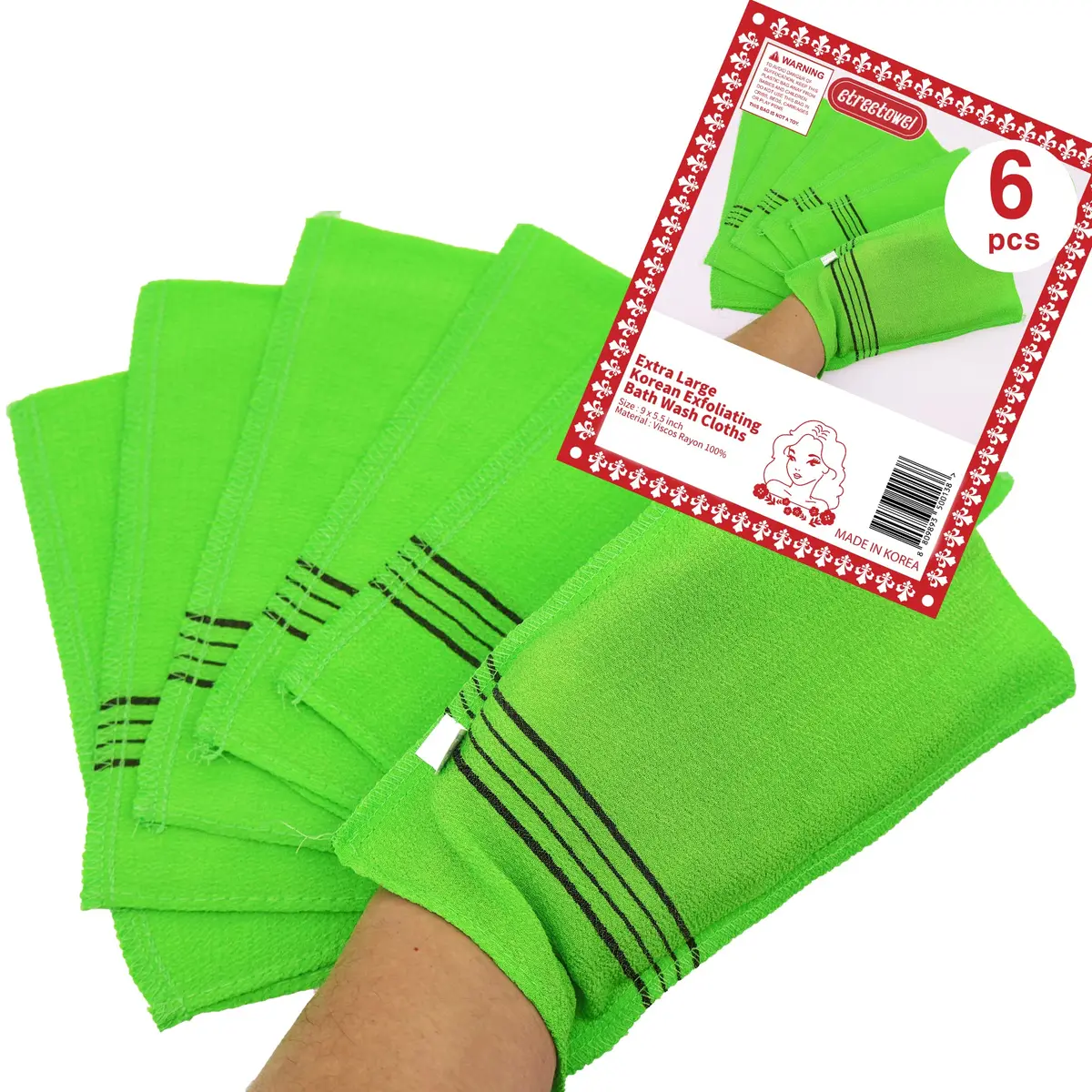 etreetowel Extra Large Korean Asian Exfoliating Bath Washcloth Mitt Scrub 39cm x 14cm (6 PCs) | Removes Dead Skin for Soft Skin - main product image
