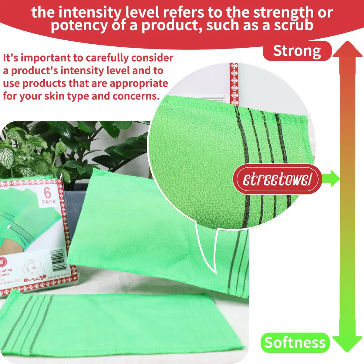 etreetowel Extra Large Korean Asian Exfoliating Bath Washcloth Mitt Scrub 39cm x 14cm (6 PCs) | Removes Dead Skin for Soft Skin - view 3