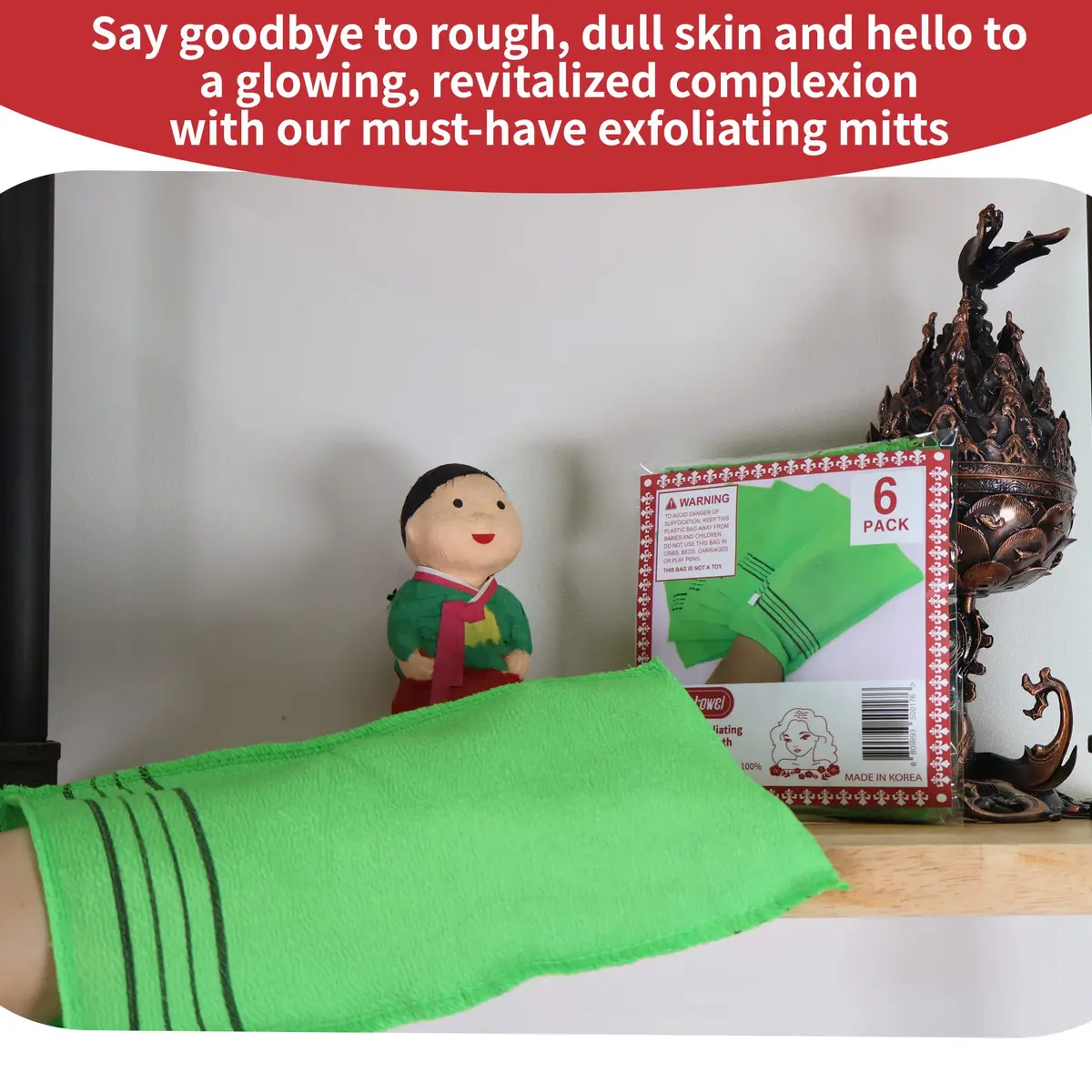 etreetowel Extra Large Korean Asian Exfoliating Bath Washcloth Mitt Scrub 39cm x 14cm (6 PCs) | Removes Dead Skin for Soft Skin - view 4