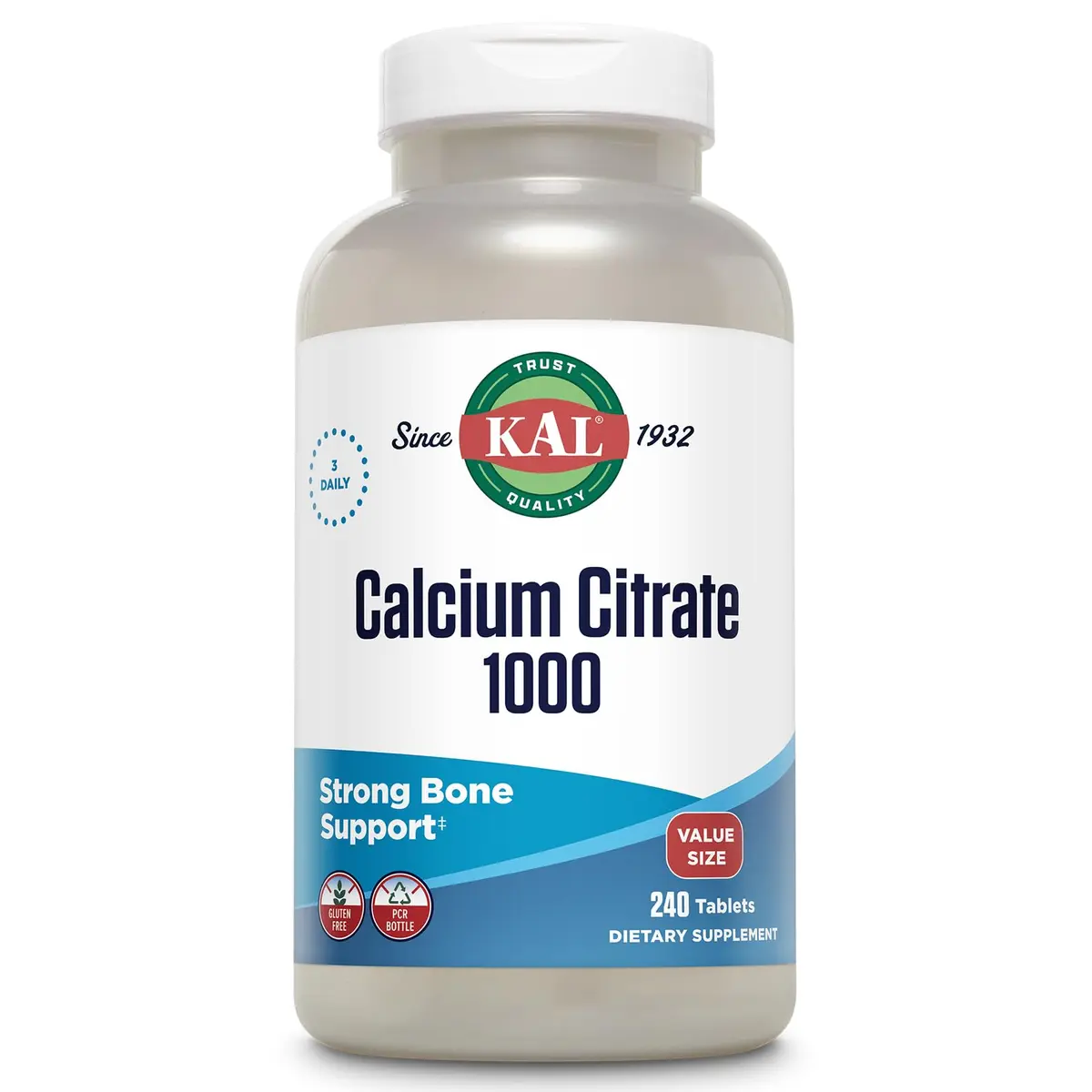 KAL Calcium Citrate 1000 mg 240 Tablets | Bone, Teeth, Muscle & Heart Support — Chelated Calcium Citrate — 80 Servings — Gluten Free, Lab Verified - main product image
