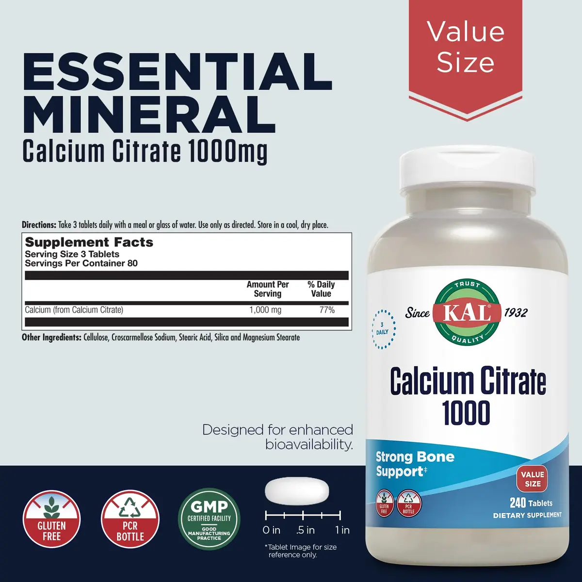 KAL Calcium Citrate 1000 mg 240 Tablets | Bone, Teeth, Muscle & Heart Support — Chelated Calcium Citrate — 80 Servings — Gluten Free, Lab Verified - view 2