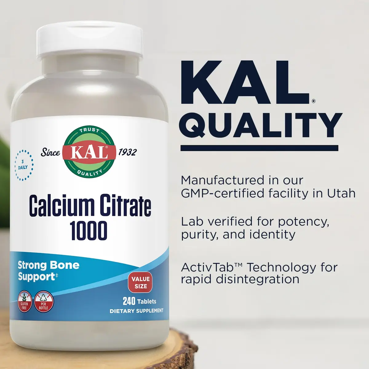 KAL Calcium Citrate 1000 mg 240 Tablets | Bone, Teeth, Muscle & Heart Support — Chelated Calcium Citrate — 80 Servings — Gluten Free, Lab Verified - view 4