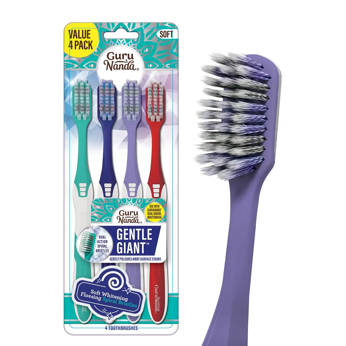GuruNanda Gentle Giant Toothbrush with Dual Action Flossing Spiral Bristles, Non-Slip Ergo Dexa Grip, BPA Free Manual Toothbrushes, Assorted Colors, 4 Count - main product image