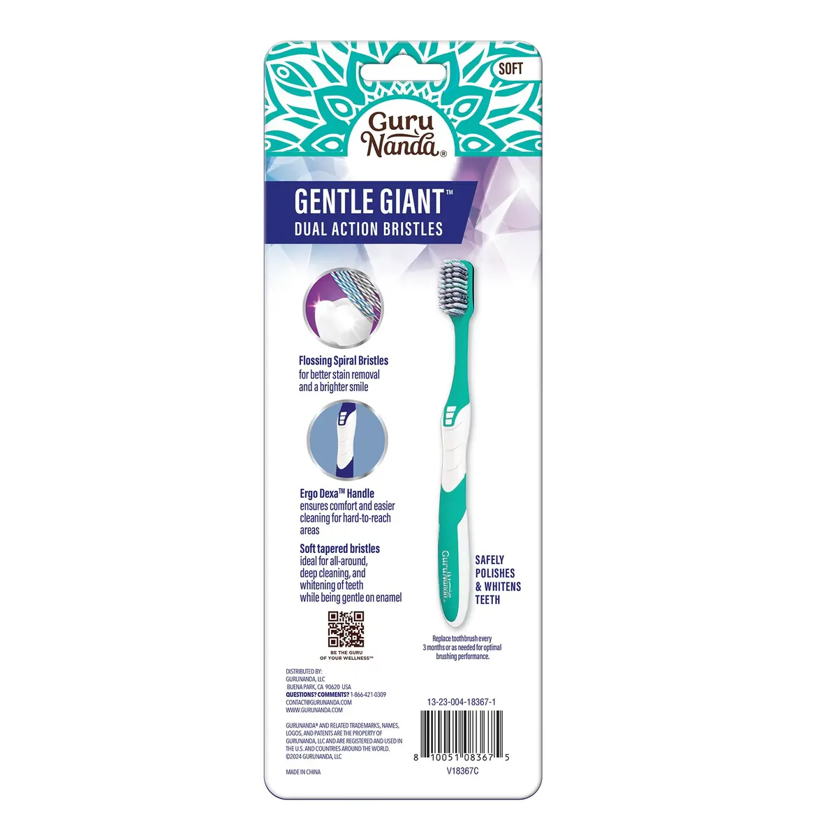 GuruNanda Gentle Giant Toothbrush with Dual Action Flossing Spiral Bristles, Non-Slip Ergo Dexa Grip, BPA Free Manual Toothbrushes, Assorted Colors, 4 Count - view 8