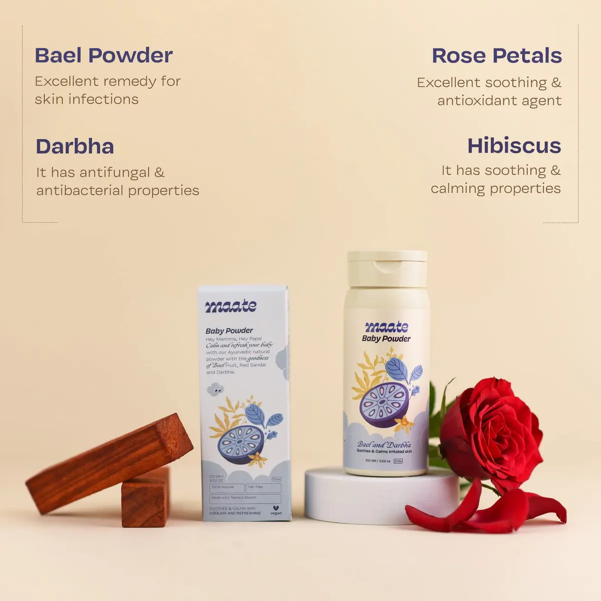 MAATE Talc Free Natural & Ayurvedic Baby Powder 100 gm | Soothes & Moisturises Baby's Skin - view 3