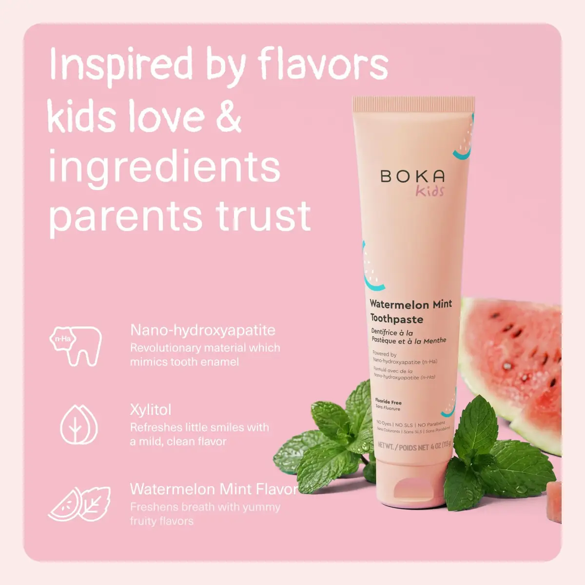 Boka Fluoride-Free Kids Toothpaste Watermelon Mint Nano Hydroxyapatite 113g (4 oz) | Enamel Strengthening - view 2