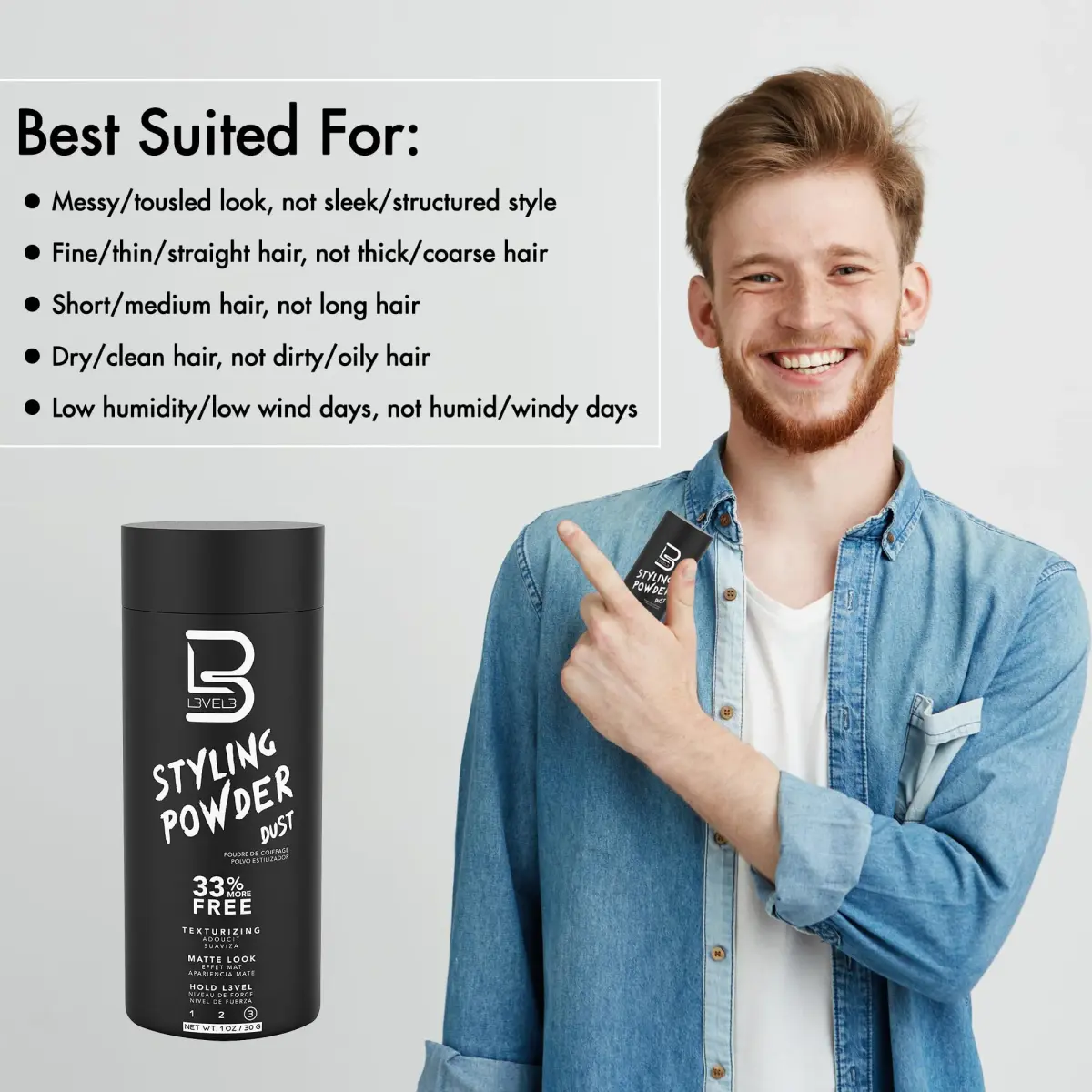 L3 Level 3 Hair Texture Powder for Men, Volume, Natural Look, 60 g (2.1 oz) | Fragrance-Free Matte Finish - view 5