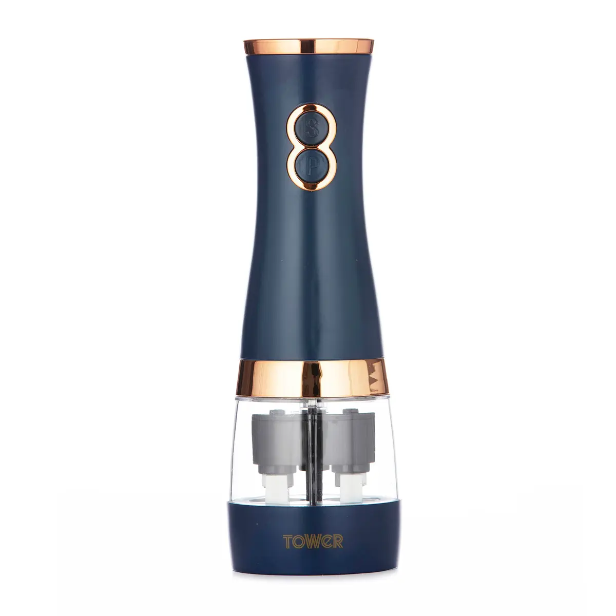 Tower T847004MNB Electric Salt and Pepper Mills 0.28kg (7cm x 21.5cm) | Adjustable Ceramic Grinders, Midnight Blue & Rose Gold - main product image