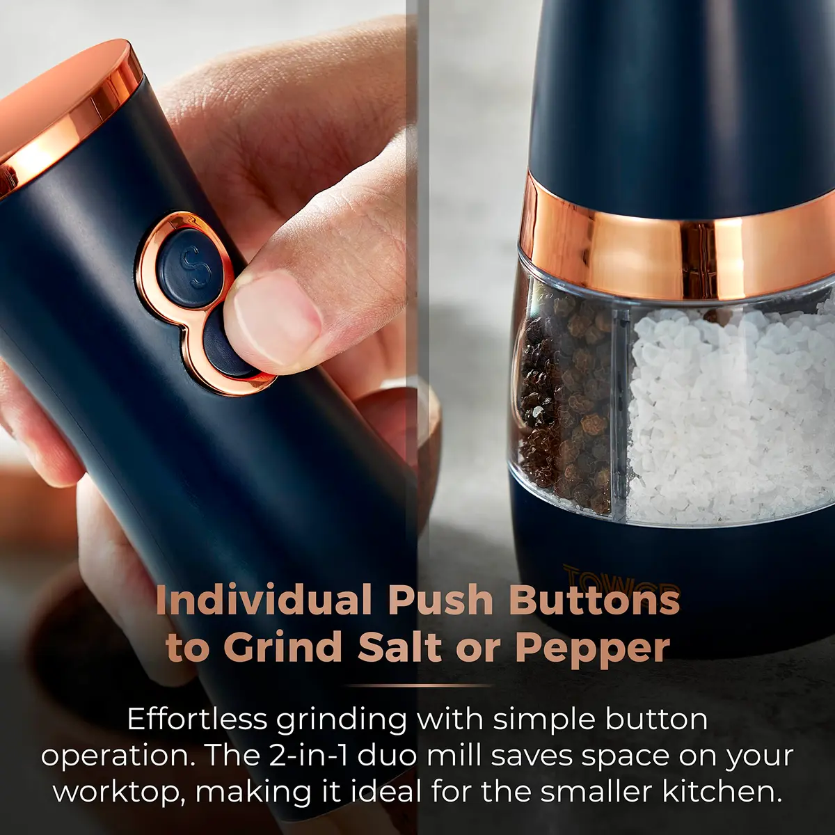 Tower T847004MNB Electric Salt and Pepper Mills 0.28kg (7cm x 21.5cm) | Adjustable Ceramic Grinders, Midnight Blue & Rose Gold - view 5