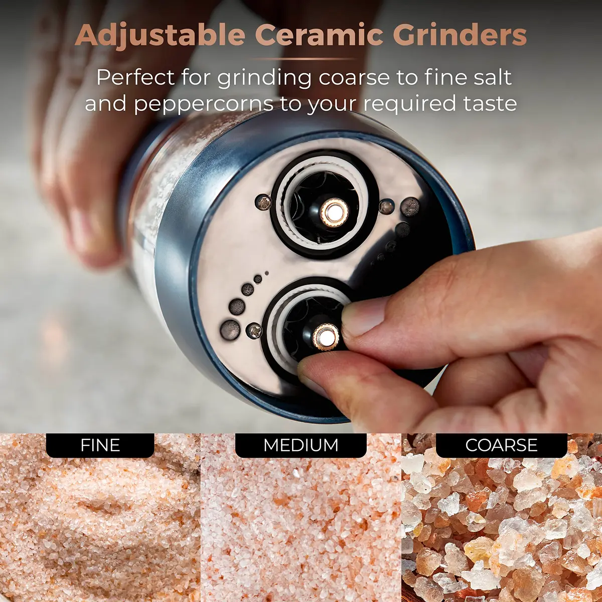 Tower T847004MNB Electric Salt and Pepper Mills 0.28kg (7cm x 21.5cm) | Adjustable Ceramic Grinders, Midnight Blue & Rose Gold - view 6