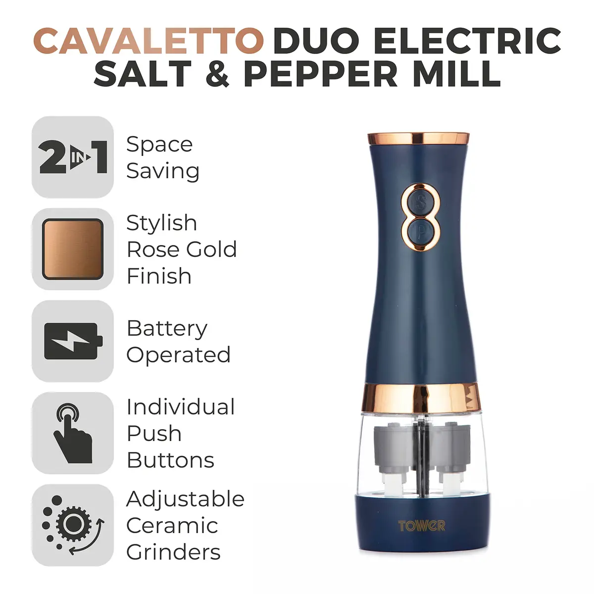 Tower T847004MNB Electric Salt and Pepper Mills 0.28kg (7cm x 21.5cm) | Adjustable Ceramic Grinders, Midnight Blue & Rose Gold - view 2