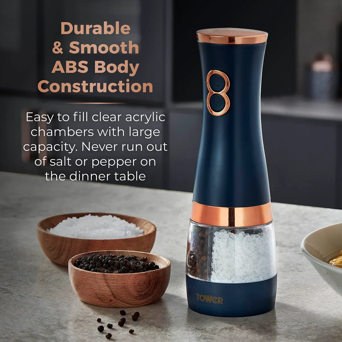 Tower T847004MNB Electric Salt and Pepper Mills 0.28kg (7cm x 21.5cm) | Adjustable Ceramic Grinders, Midnight Blue & Rose Gold - view 3