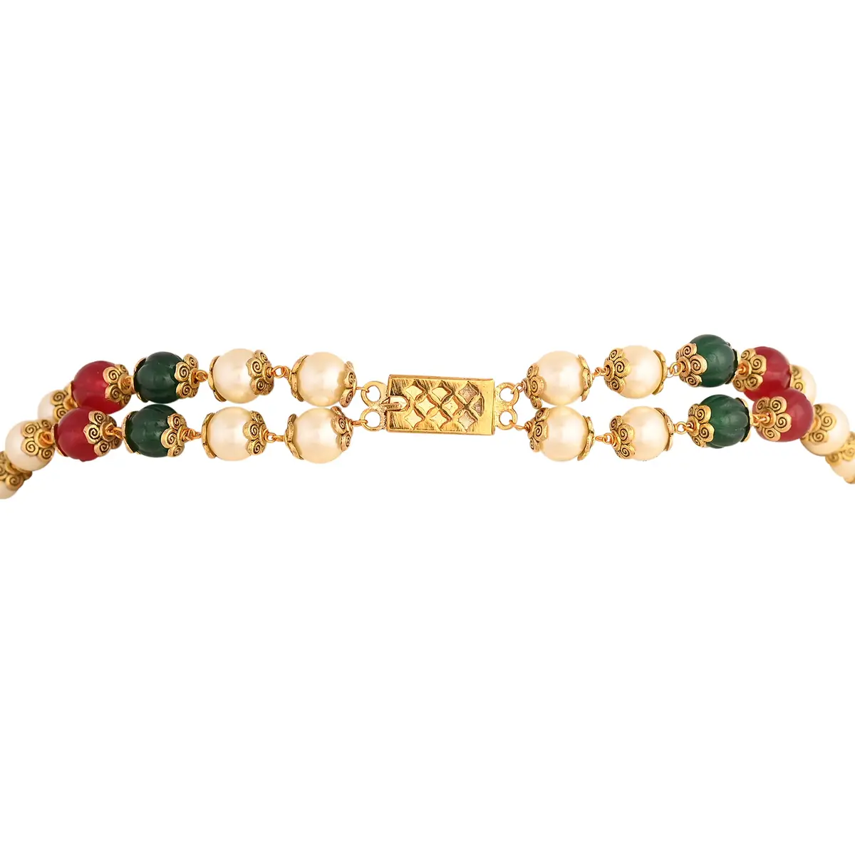 Ratnavali Jewels Pearl Necklace with Red, Green & White Beads | Flawless Round Pearls, Brass Clasp (28cm | 11in) - view 4