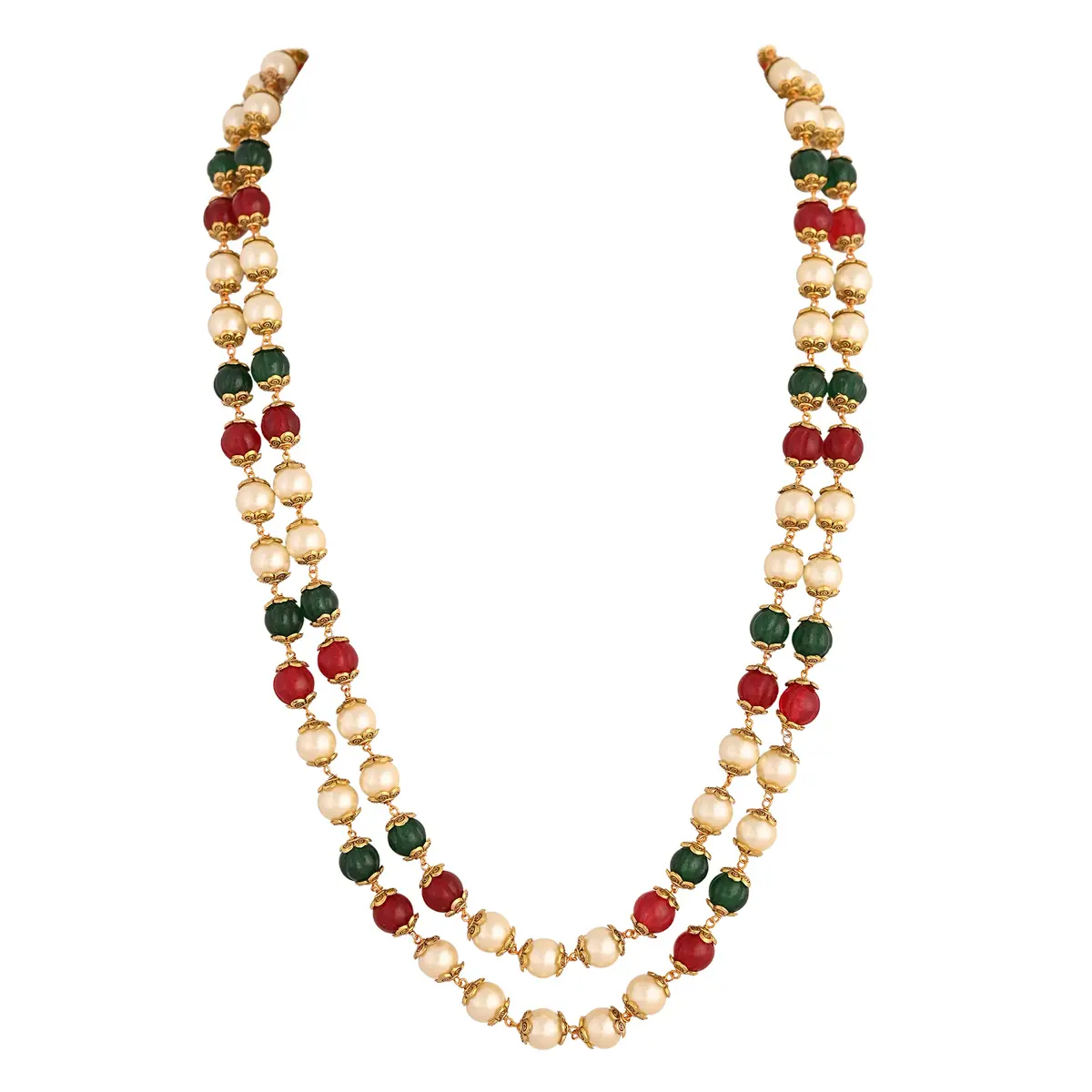 Ratnavali Jewels Pearl Necklace with Red, Green & White Beads | Flawless Round Pearls, Brass Clasp (28cm | 11in) - main product image