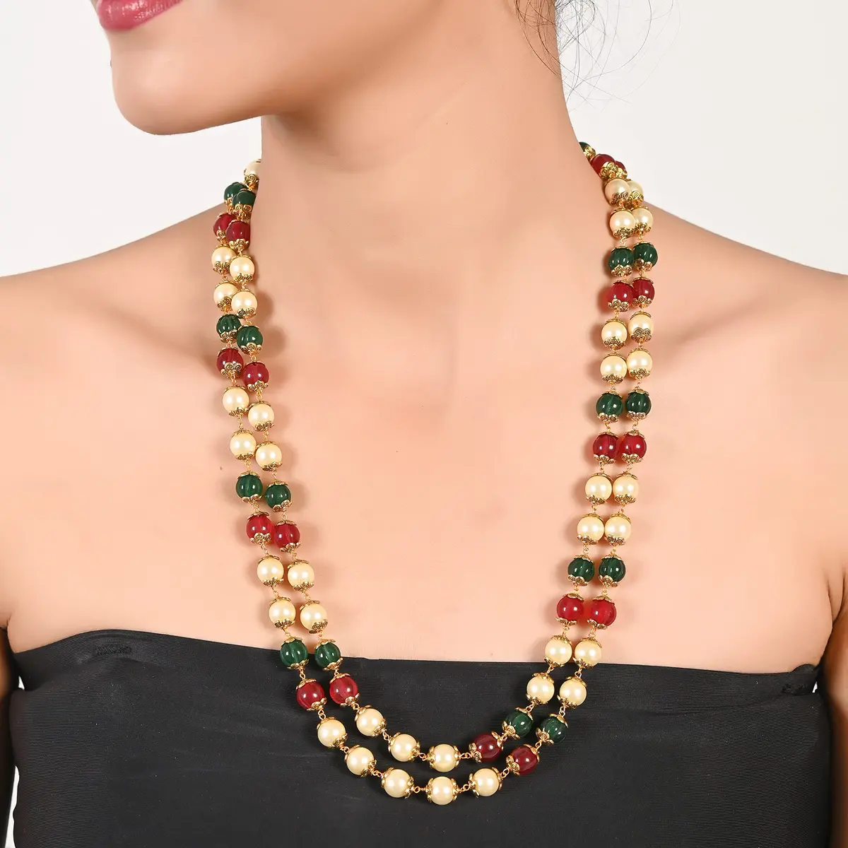 Ratnavali Jewels Pearl Necklace with Red, Green & White Beads | Flawless Round Pearls, Brass Clasp (28cm | 11in) - view 2