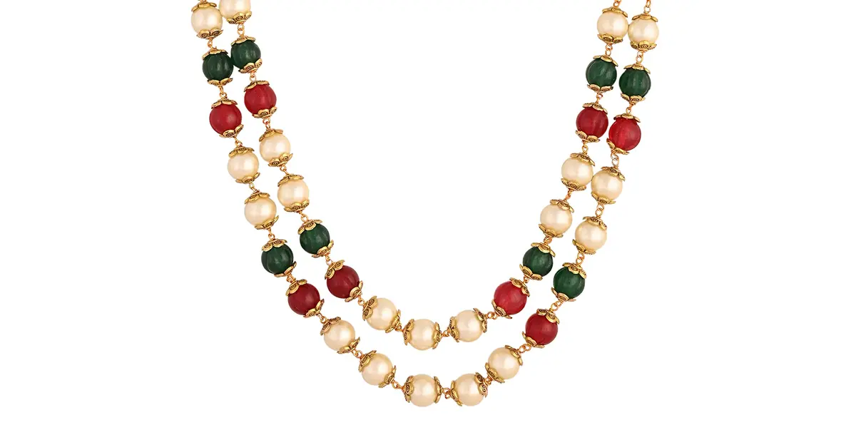 Ratnavali Jewels Pearl Necklace with Red, Green & White Beads | Flawless Round Pearls, Brass Clasp (28cm | 11in) - view 3
