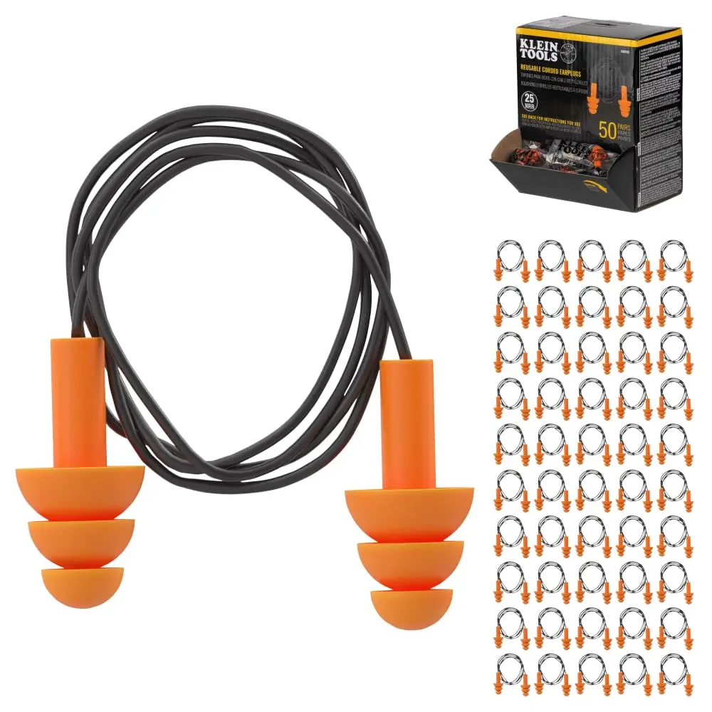 Klein Tools 6050350 Corded Earplugs, 25dB NRR, 50-Pair Dispenser Pack | Reusable Noise Reduction for Construction & Loud Environments - main product image