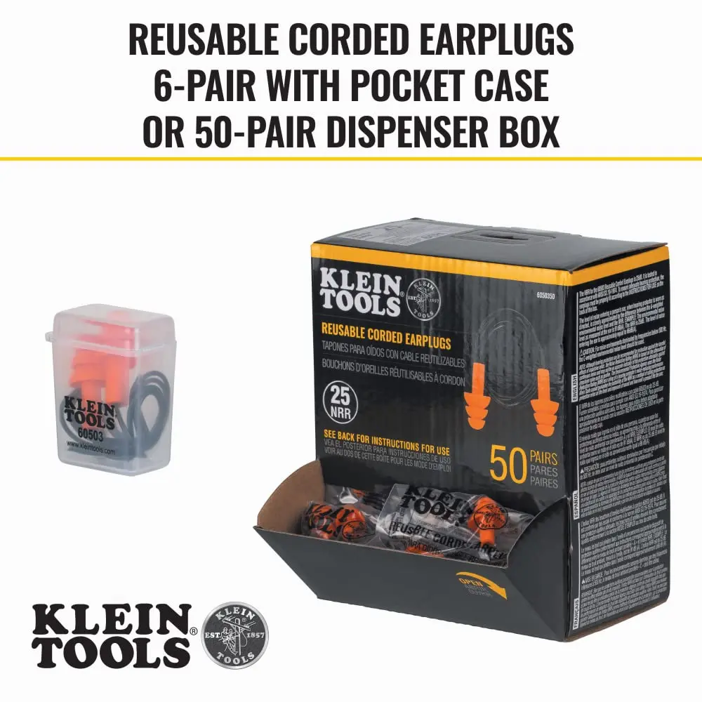 Klein Tools 6050350 Corded Earplugs, 25dB NRR, 50-Pair Dispenser Pack | Reusable Noise Reduction for Construction & Loud Environments - view 3