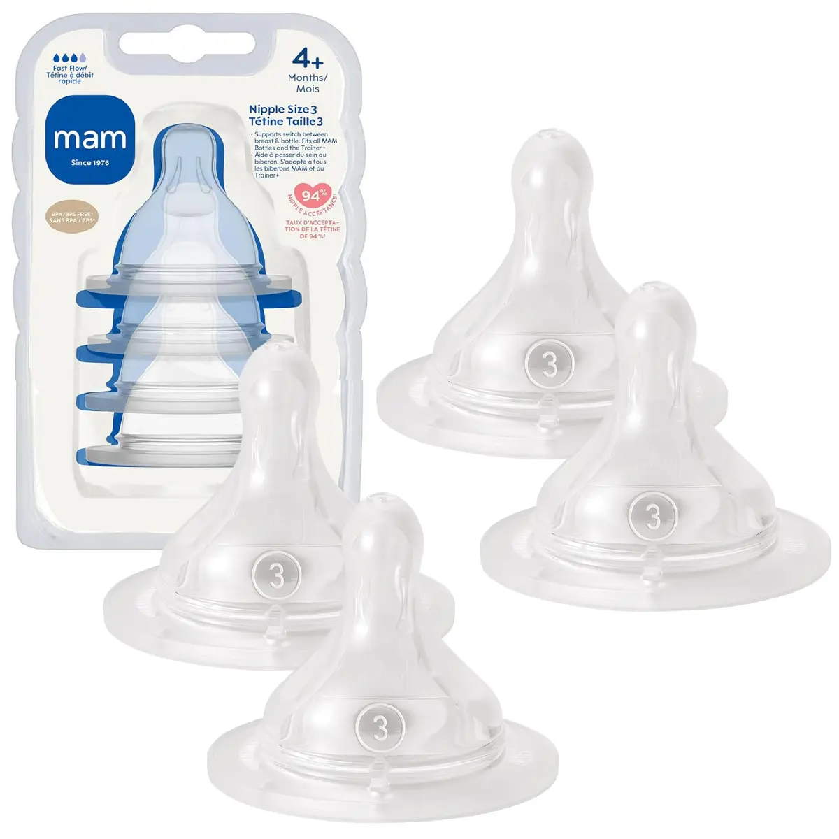 MAM Baby Bottle Anti-Colic Fast Flow Nipples 4 Pack | Breast-Like Silicone, Fits All MAM Bottles, 4 Count - main product image
