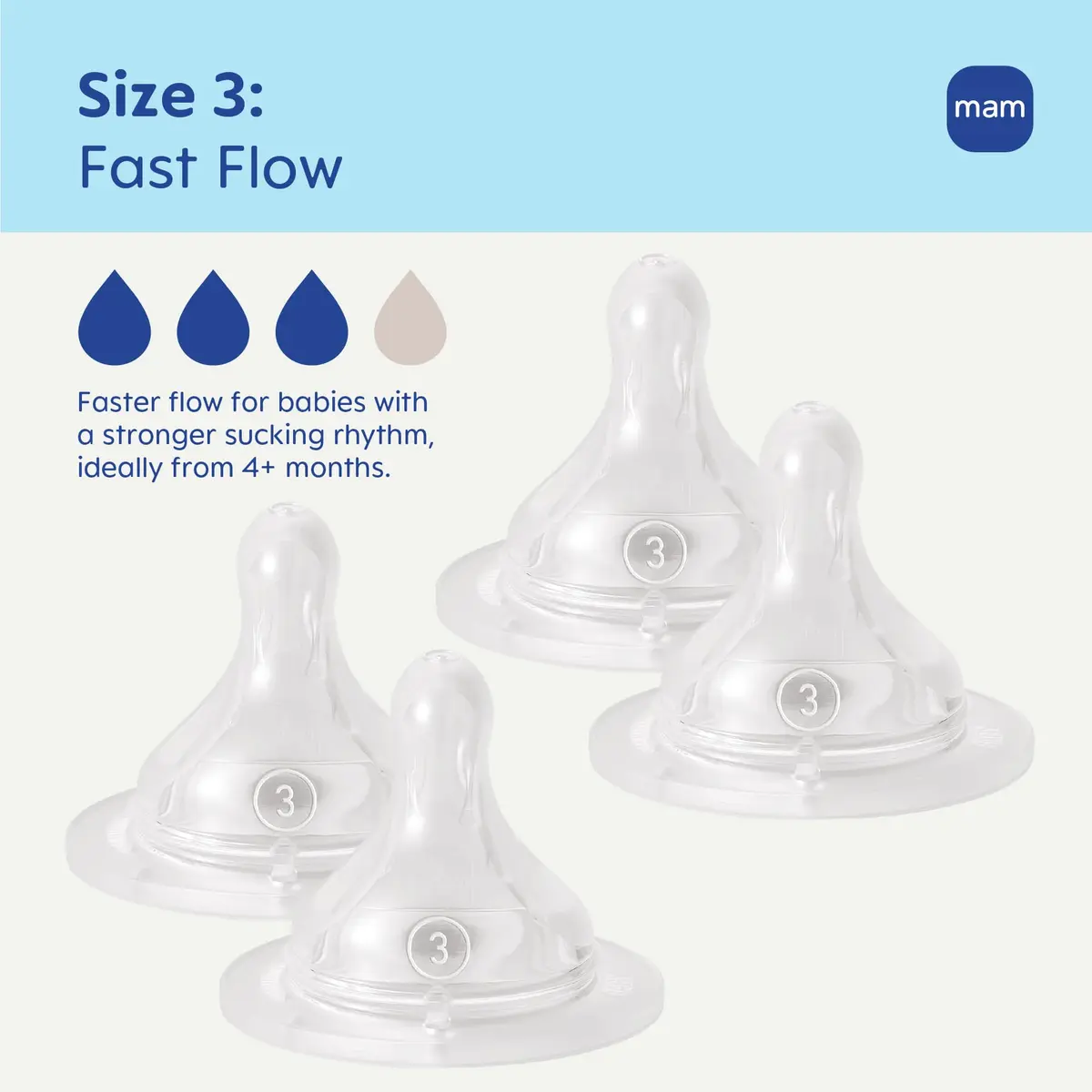 MAM Baby Bottle Anti-Colic Fast Flow Nipples 4 Pack | Breast-Like Silicone, Fits All MAM Bottles, 4 Count - view 2
