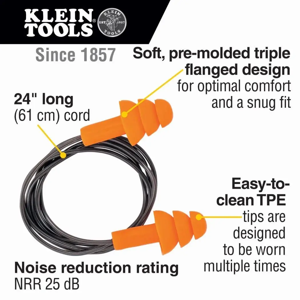Klein Tools Corded Earplugs 25dB NRR Orange 6-Pack | Reusable Noise Protection with Case - view 2
