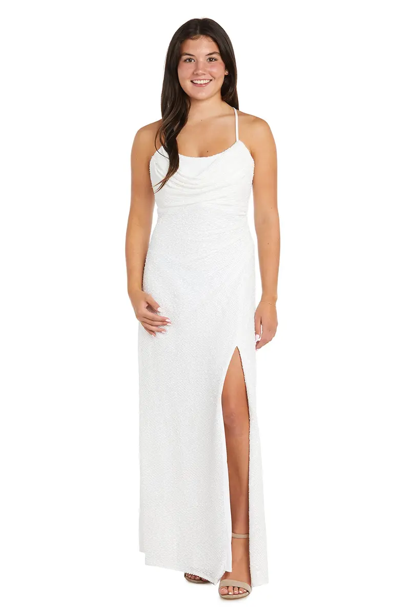 Nightway Juniors' Long Sequin Cowl Neck Gown W/Cross-Back Spaghetti Straps & Side Slit - Prom Cocktail Party White | Radiant Youthful Sparkle - main product image