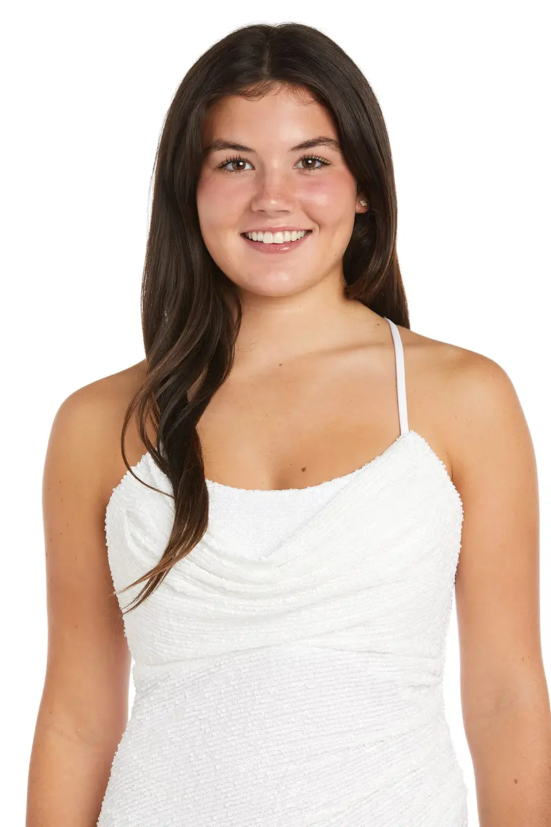 Nightway Juniors' Long Sequin Cowl Neck Gown W/Cross-Back Spaghetti Straps & Side Slit - Prom Cocktail Party White | Radiant Youthful Sparkle - view 2