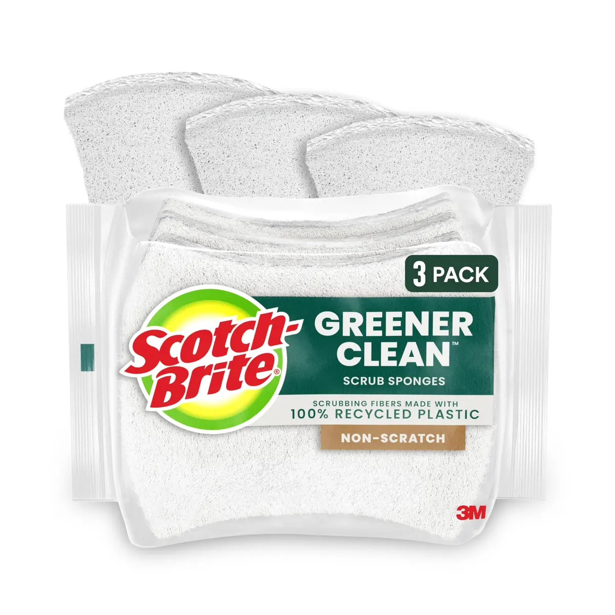 Scotch-Brite Greener Clean Non-Scratch Scrub Sponge 3 Pack | Recycled Scrubbing Fibers - main product image